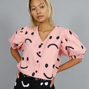 Lazy Oaf Happy Sad Pink Face Blouse - Size 18